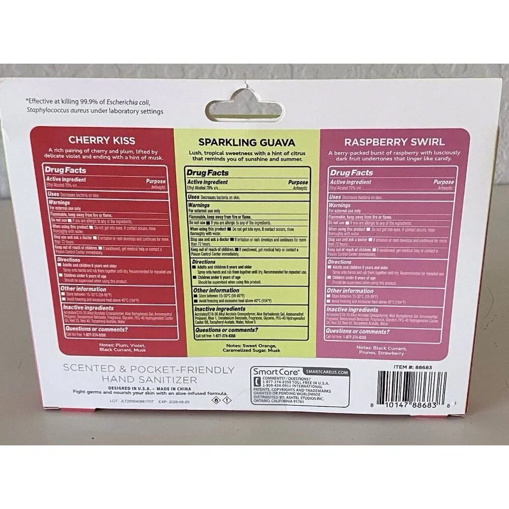 3 Pk 1.35 Fl Oz Smart Care Scented Hand Sanitizer Spray Cherry Guava‎ Raspberry